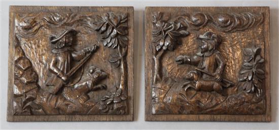 A pair of 18th century carved oak panels, 8 x 8.5in.